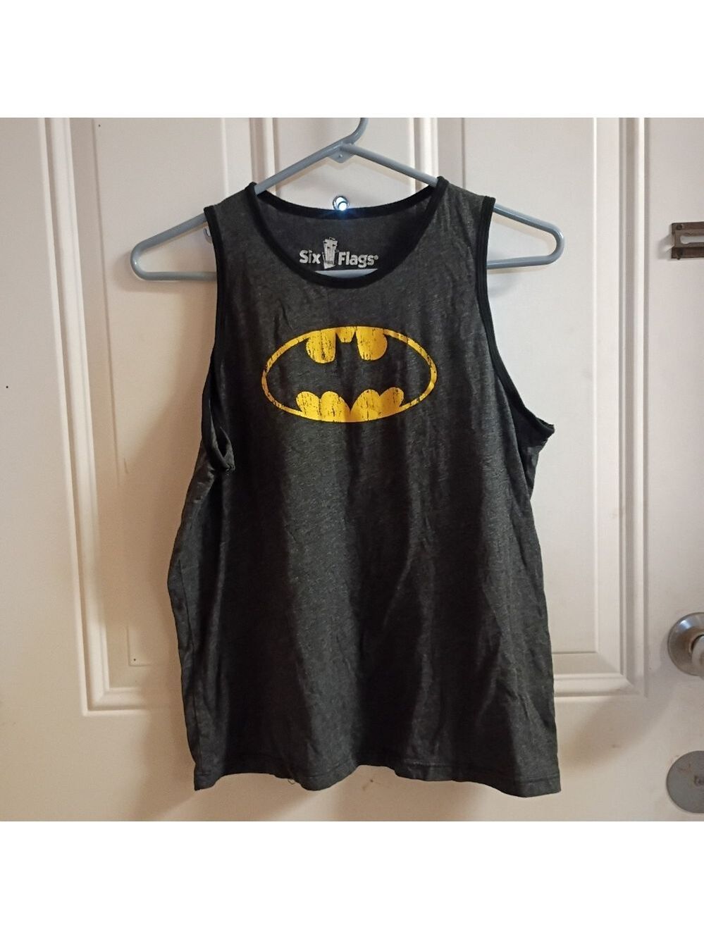2/$10 Six Flags Vintage Batman Logo Tank Top - Charcoal with Yellow Logo XL